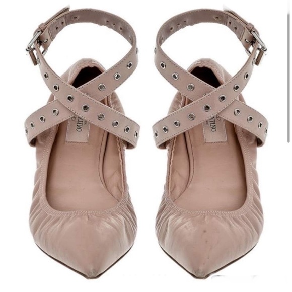Valentino Beige Leather Scrunch Ankle Strap Ballet Flats Size